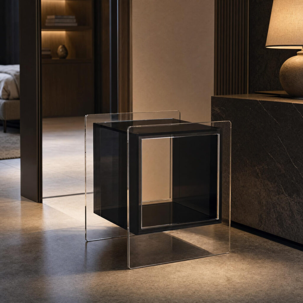 Acrylic Cube Side Table in Black, styled campaign view