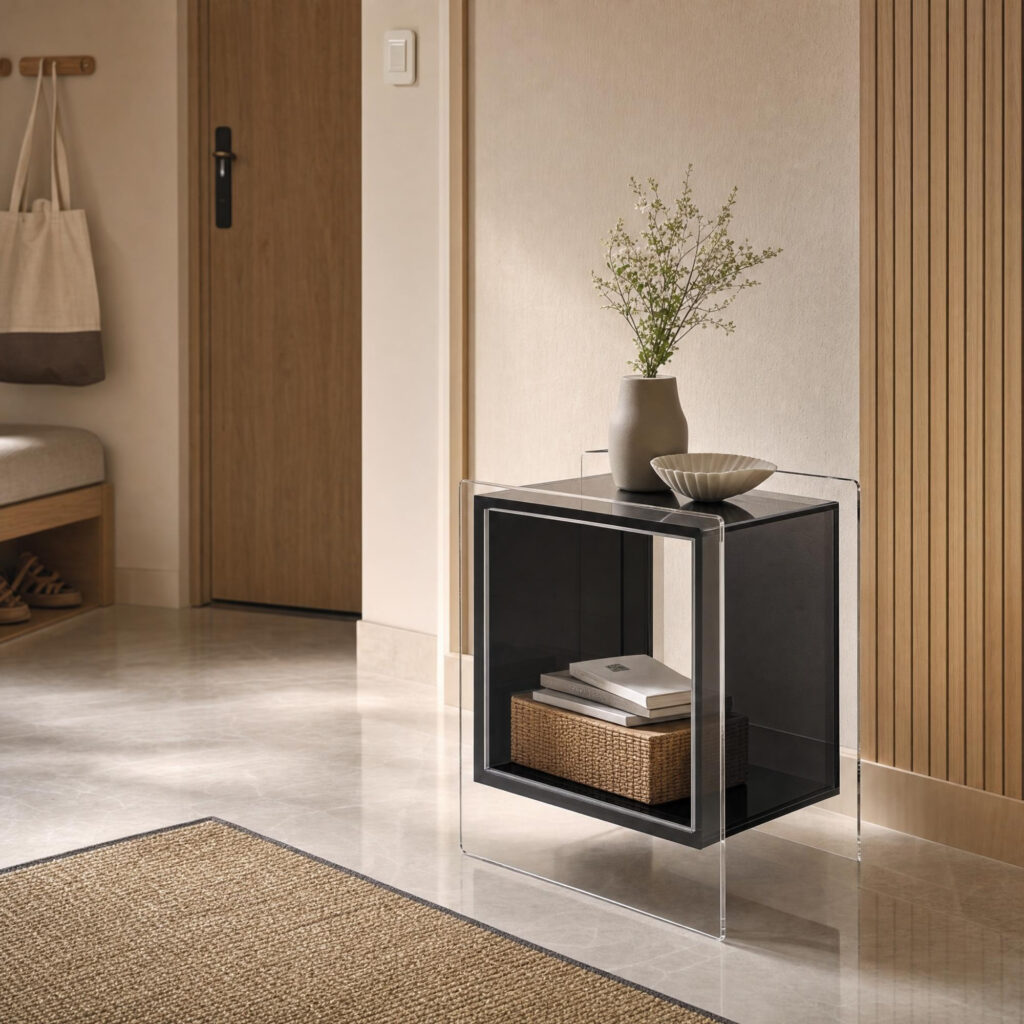 Acrylic Cube Side Table in Black, lifestyle setting 2