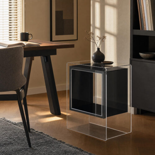 Acrylic Cube Side Table in Black, lifestyle setting 3