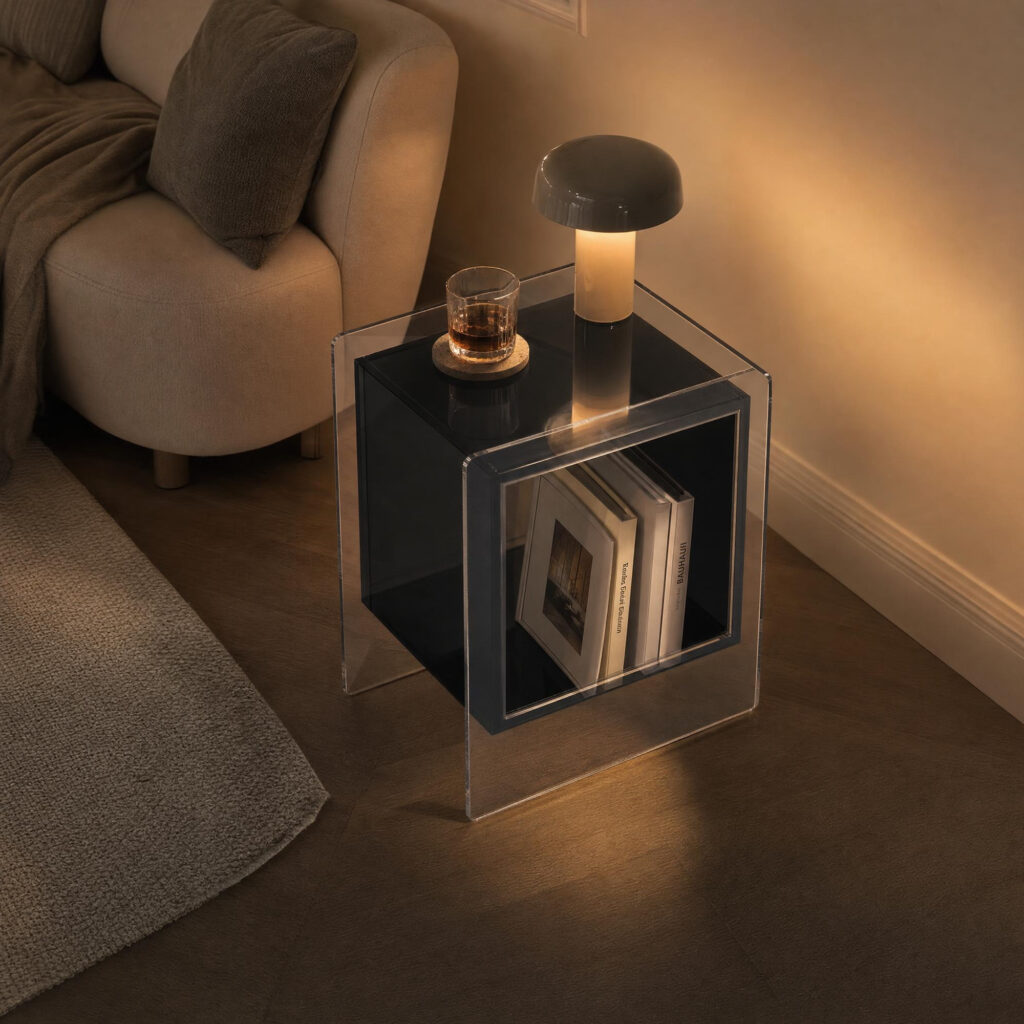 Acrylic Cube Side Table in Black, lifestyle setting 4