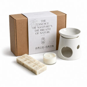 Handmade Botanical Wax Tablet and Burner Set, white-background rear or detail view