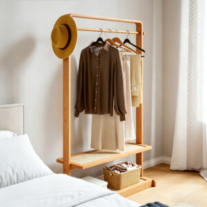 Multifunctional Natural Bamboo Garment Rack, styled campaign view