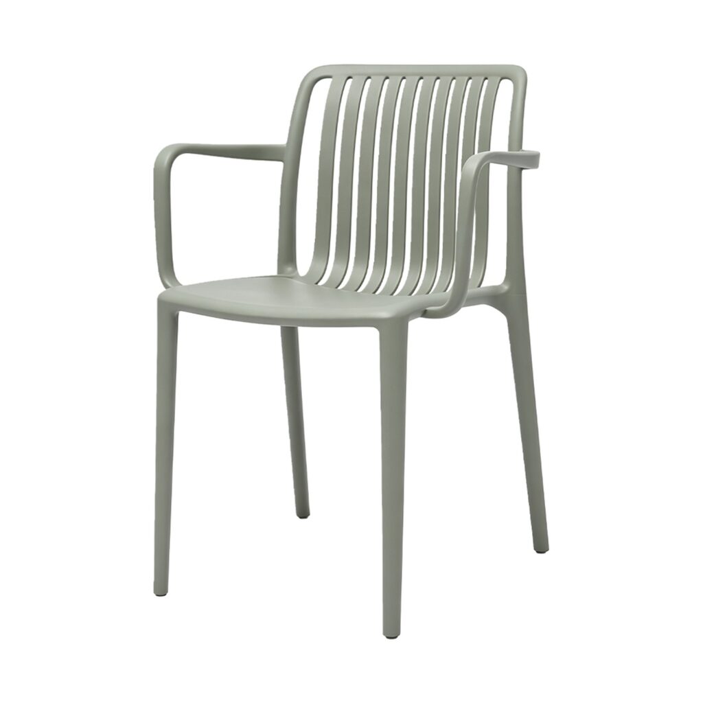 Waterproof PP Arm Dining Chair in Grey, white-background front or three-quarter view
