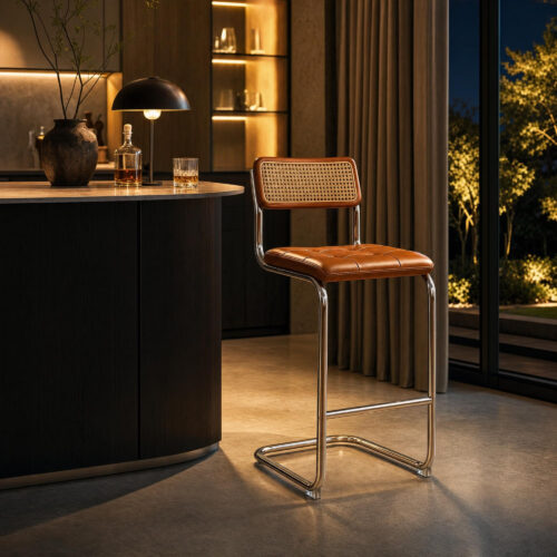 Rattan Bar Stool in Brown, styled campaign view