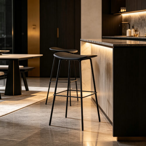 White Curved High Bar Stool in Black, lifestyle setting 1