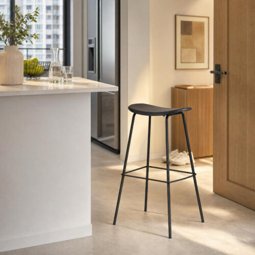 White Curved High Bar Stool in Black, lifestyle setting 2