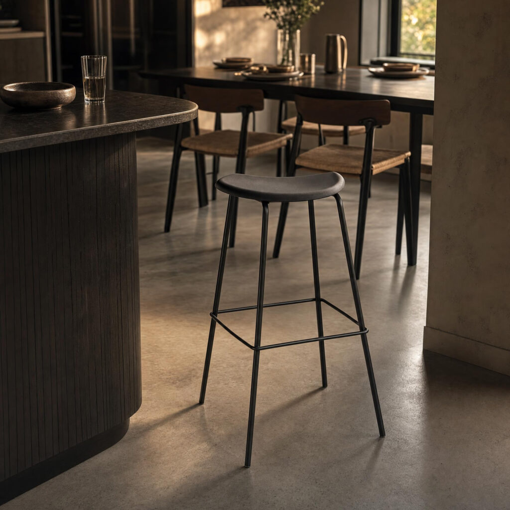 White Curved High Bar Stool in Black, lifestyle setting 3