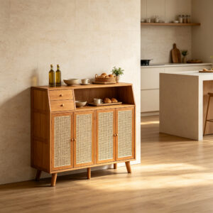 Rattan-Front Storage Cabinet, styled campaign view