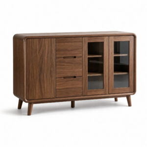 Curved Walnut Sideboard, white-background front or three-quarter view