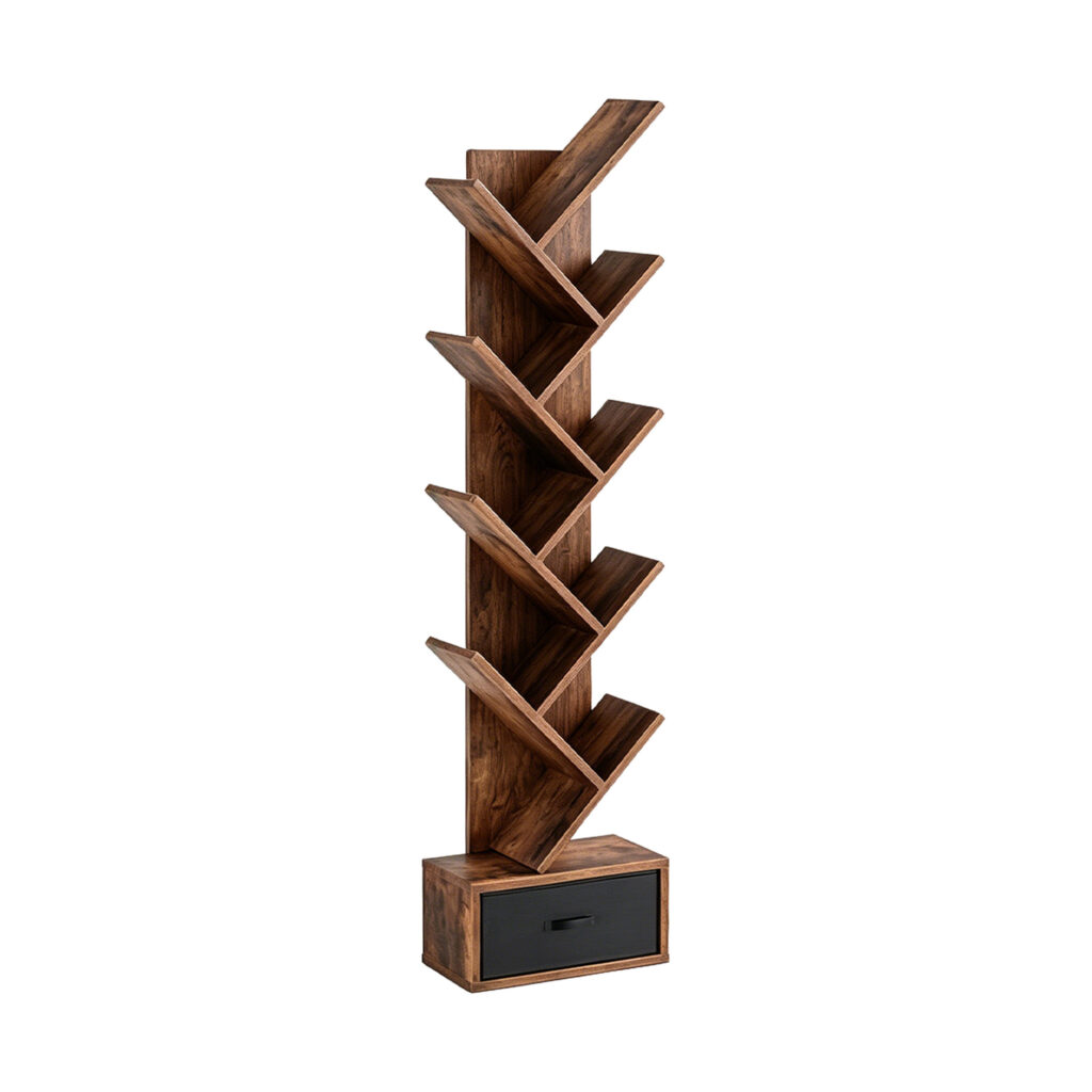 Industrial Tree Bookshelf, white-background front or three-quarter view