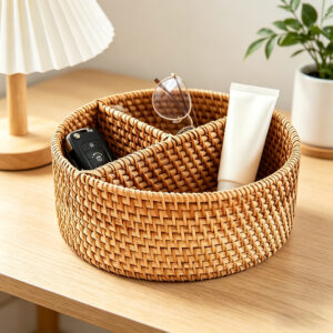 Handwoven Rattan Desk Organizer, styled campaign view
