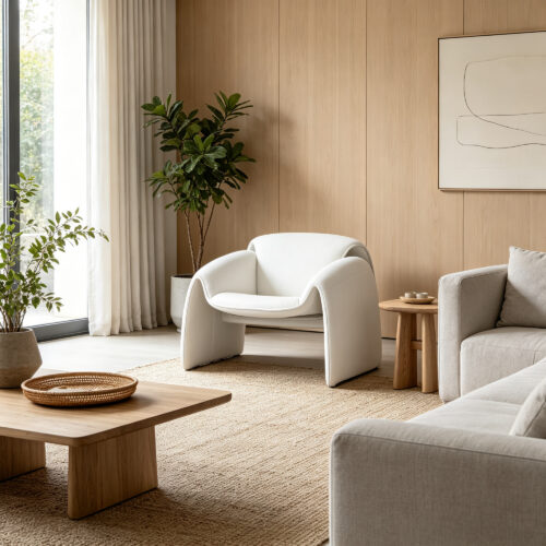 The Sculptural Elegance Accent Chair, styled campaign view