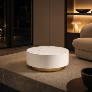 The Dolce Marble Storage Coffee Table in White, styled campaign view