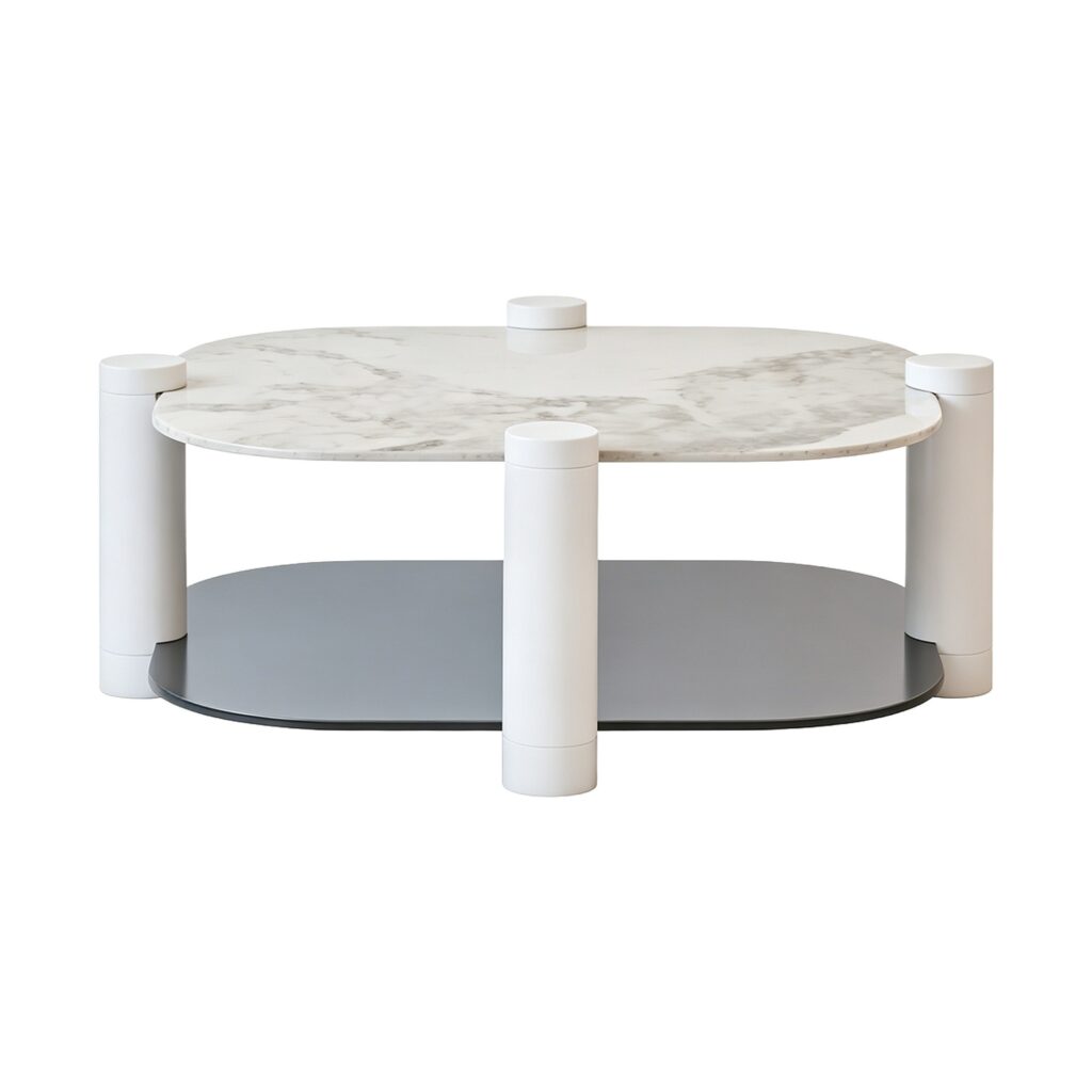 The Double-Layer Round Coffee Table in White, white-background rear or detail view