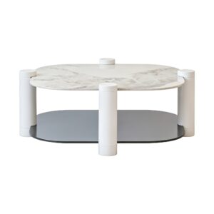 The Double-Layer Round Coffee Table in White, white-background rear or detail view