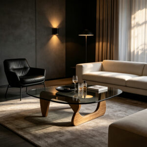 The Sculptural Walnut Base Coffee Table, styled campaign view