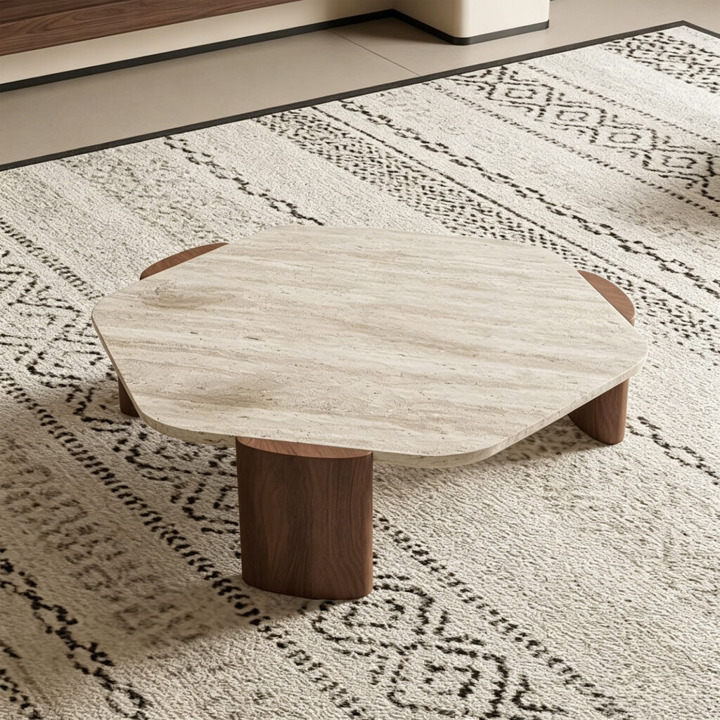 Aura Travertine & Oak Coffee Table, styled campaign view