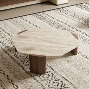 Aura Travertine & Oak Coffee Table, styled campaign view