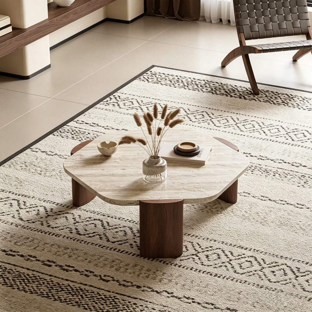 Aura Travertine & Oak Coffee Table, lifestyle setting 1