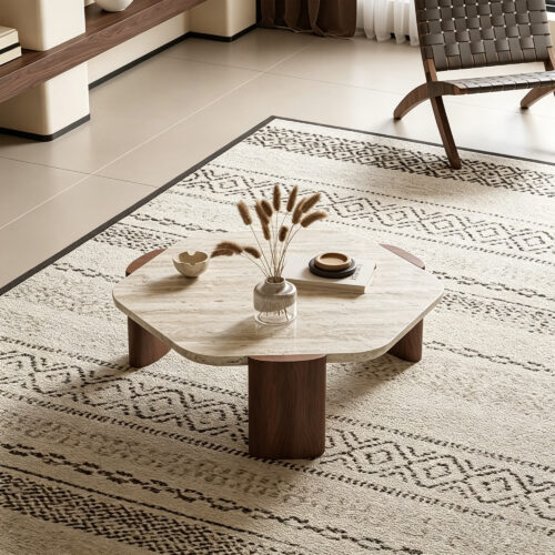 Aura Travertine & Oak Coffee Table, lifestyle setting 1