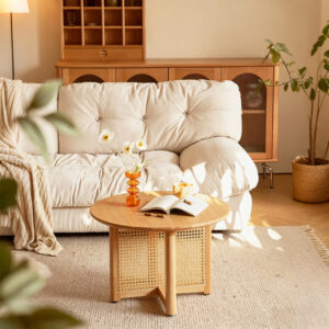Lumiere Rattan Pedestal Coffee Table, styled campaign view