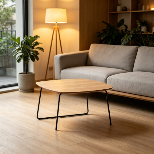 Minimalist Oak Coffee Table, styled campaign view