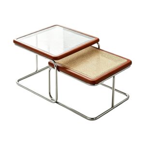Rattan-Edged Stainless Steel And Glass Coffee Table Set, white-background front or three-quarter view