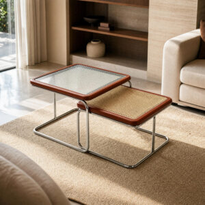 Rattan-Edged Stainless Steel And Glass Coffee Table Set, styled campaign view