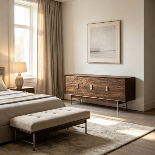 Geometric Walnut Console Cabinet, styled campaign view