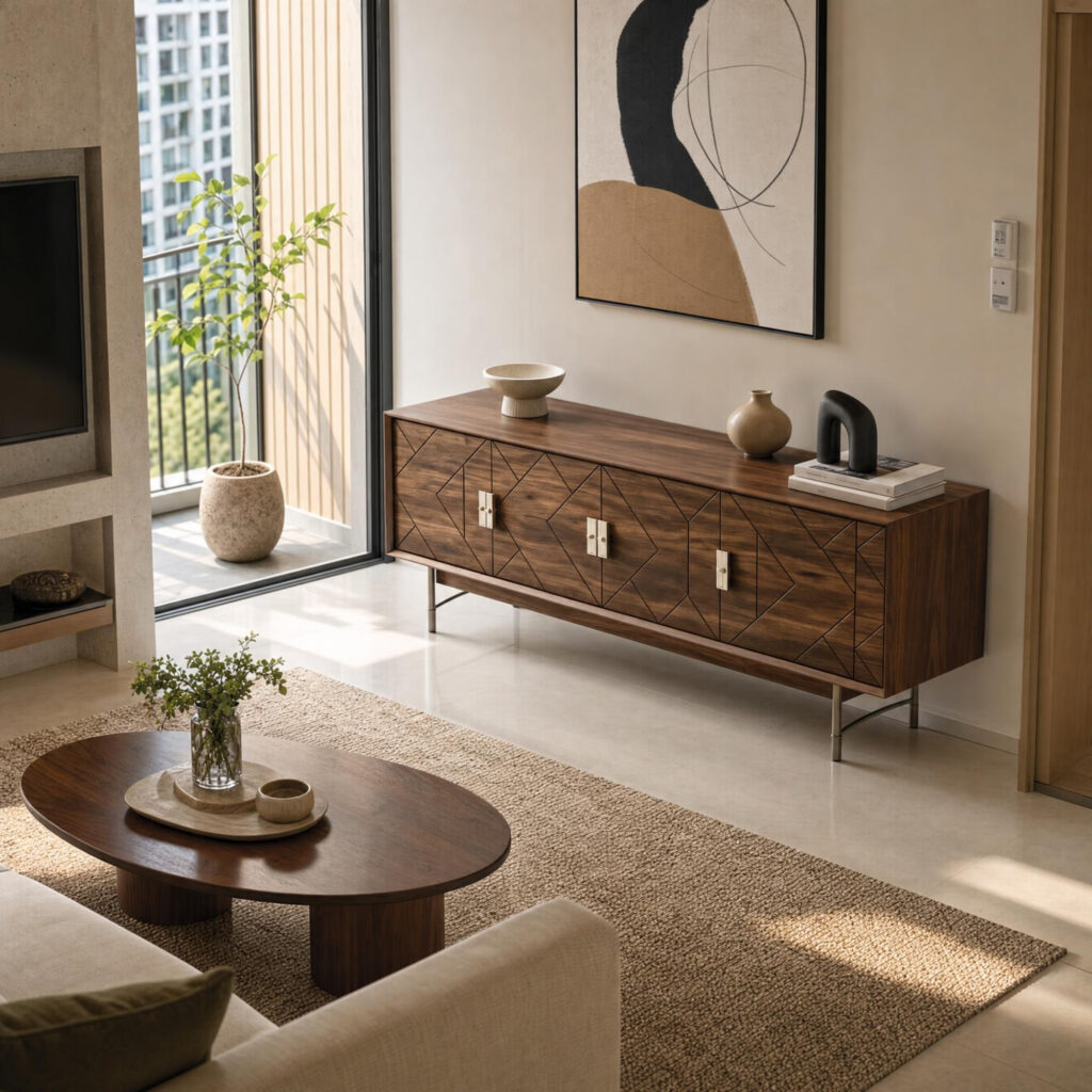 Geometric Walnut Console Cabinet, lifestyle setting 2