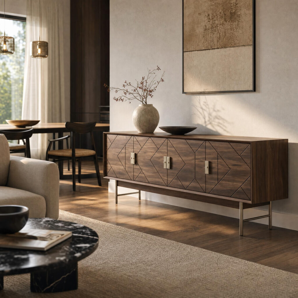 Geometric Walnut Console Cabinet, lifestyle setting 3