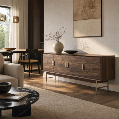 Geometric Walnut Console Cabinet, lifestyle setting 3