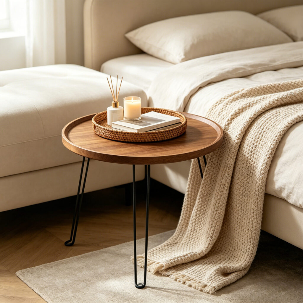 Foldable Round Tray Side Table in Wood, lifestyle setting 1