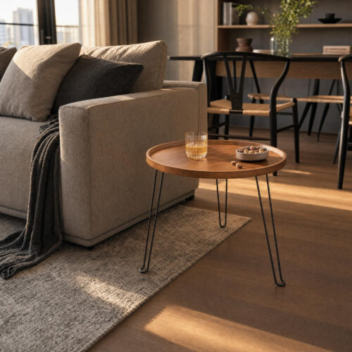 Foldable Round Tray Side Table in Wood, lifestyle setting 2