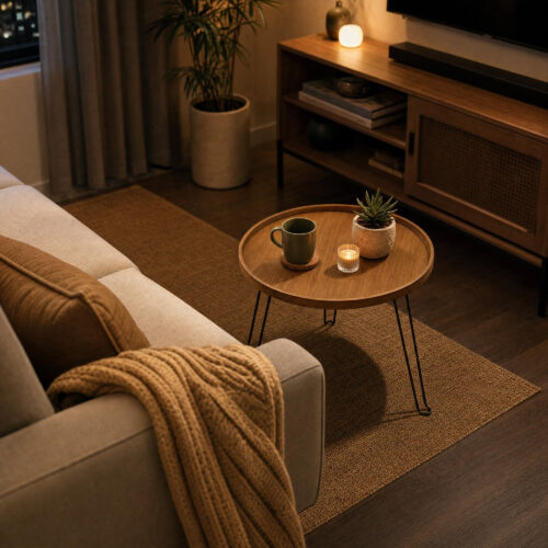 Foldable Round Tray Side Table in Wood, lifestyle setting 3