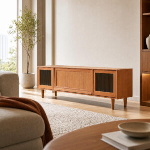 Cherry Natural Wood Rattan TV Console, styled campaign view