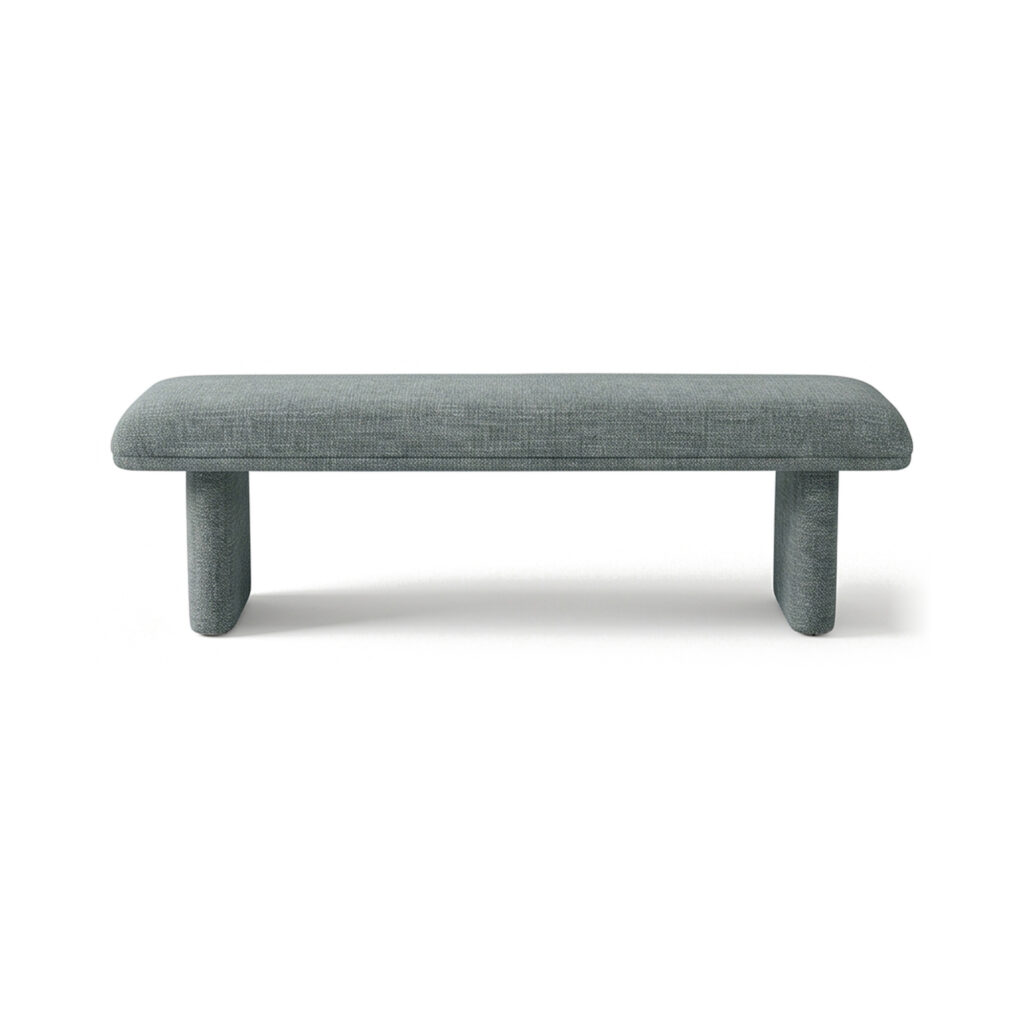Liora green upholstered bedroom bench, front view on a white background