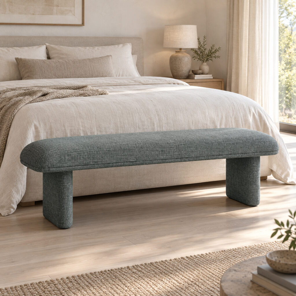 Liora Upholstered Bedroom Bench in green, in a furnished interior