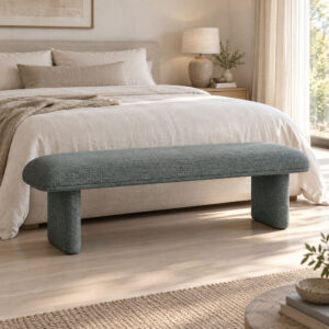 Liora Upholstered Bedroom Bench in green, in a furnished interior