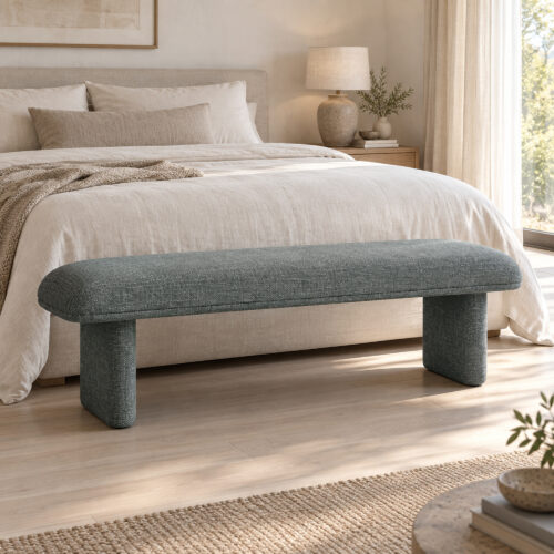 Liora Upholstered Bedroom Bench in green, in a furnished interior