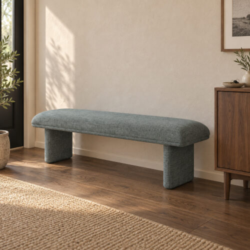 Liora Upholstered Bedroom Bench in green, in a furnished interior