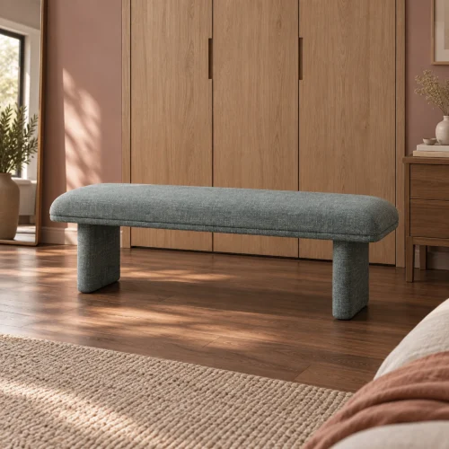 Liora Upholstered Bedroom Bench in green, in a furnished interior