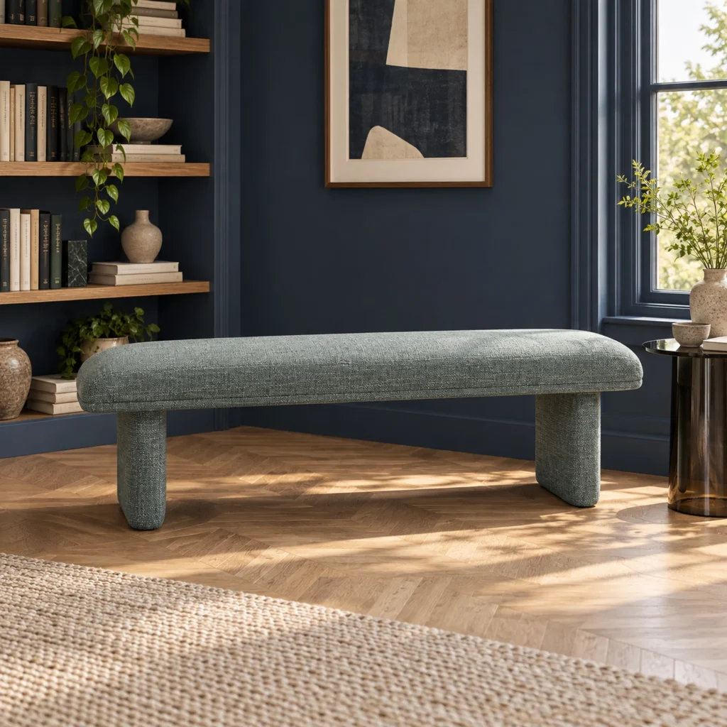 Liora Upholstered Bedroom Bench in green, in a furnished interior