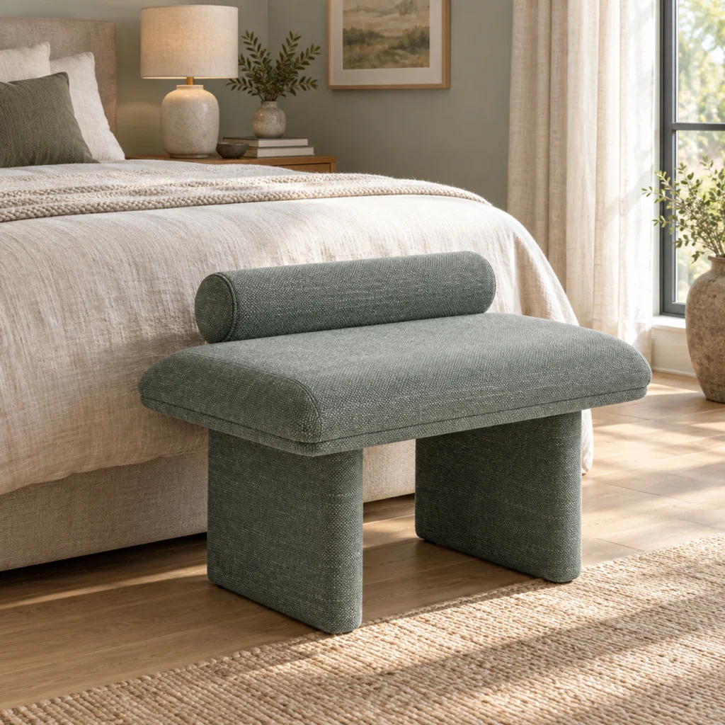 Corwin Upholstered Bedroom Bench in green, in a furnished interior