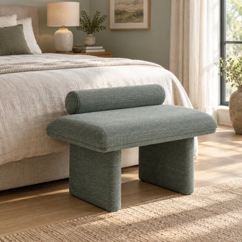 Corwin Upholstered Bedroom Bench in green, in a furnished interior