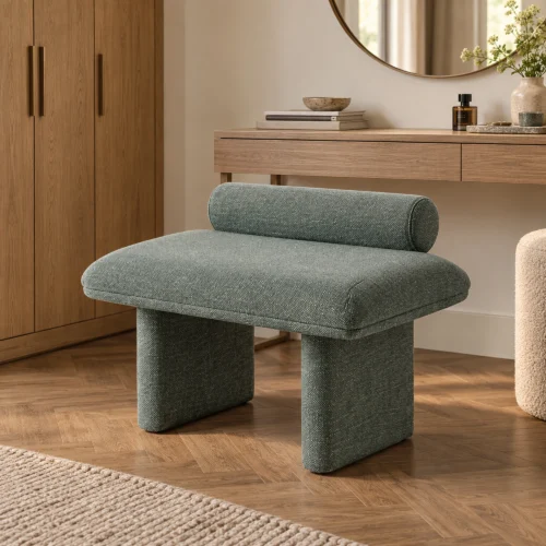 Corwin Upholstered Bedroom Bench in green, in a furnished interior