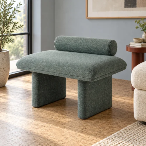 Corwin Upholstered Bedroom Bench in green, in a furnished interior