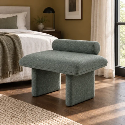 Corwin Upholstered Bedroom Bench in green, in a furnished interior
