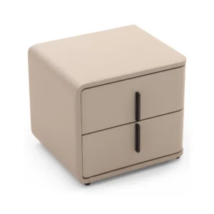 Arlo camel bedside table with drawer and wood legs, front view on white