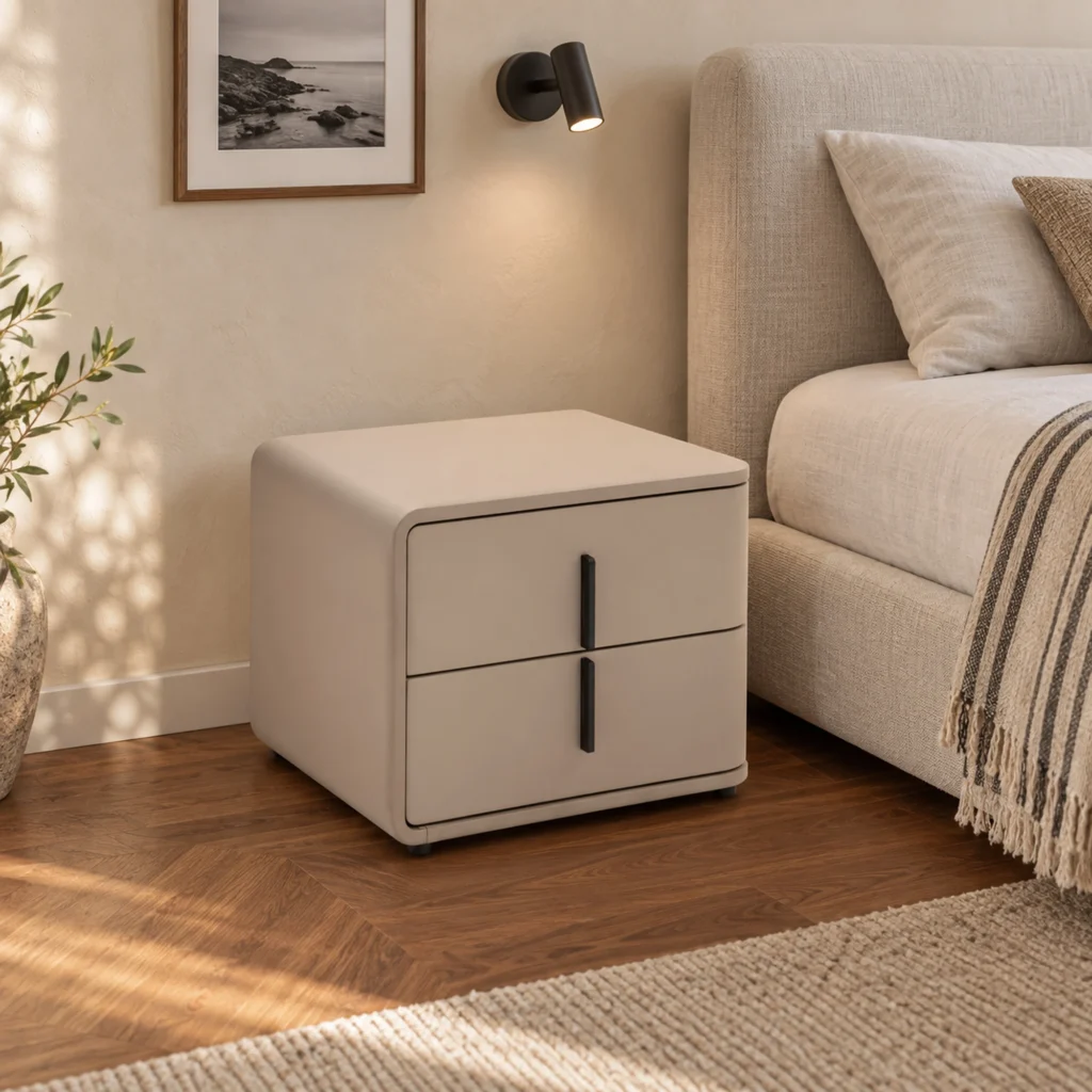 Arlo Bedside Table with Drawer in camel, in a furnished interior
